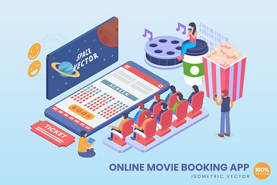 3D Online Movie Booking App Concept 3d 3d animation 3d art 3d character 3d illustration agency app business concept conceptual flat illustration landing landing page landing pages page process technology vector web