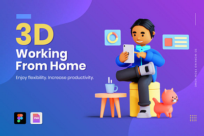 3D Working From Home Illustration 3d 3d animation 3d art 3d charater 3d illustration agency app business computer concept conceptual flat home illustration landing page process technology vector web