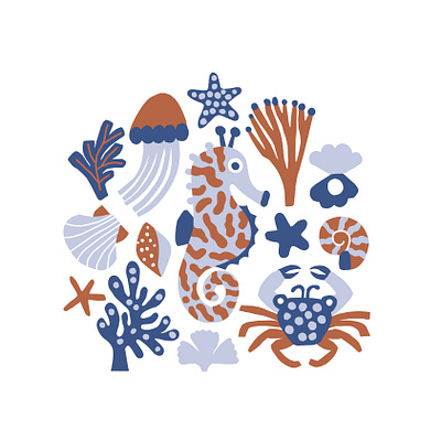 Sea Friends animal illustration color harmony cute fish flat color flat style illustration leena kisonen pastels scandinavian scandinavian style sea animals sea horse shells tote bag