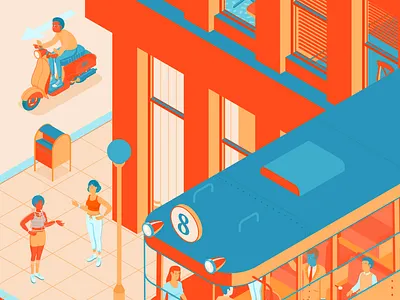 'City street' illustration detail branding building car city colors design flatdesign graphic design hotel illustration illustrator isometric logo orange people red scooter street tram ui