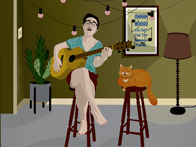 Cat Songs acoustic guitar art cactus cats design genderfluid greens illustration illustrator kitty lamp lamp light living room music music poster musician nonbinary songs vector