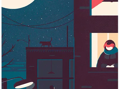 Nighttime in the city bird bold cat city color palette colorful contemporary dark digital painting illustration lifestyle minimalistic moon night people pigeon sky stars urban