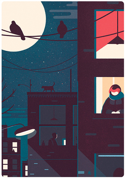 Nighttime in the city bird bold cat city color palette colorful contemporary dark digital painting illustration lifestyle minimalistic moon night people pigeon sky stars urban