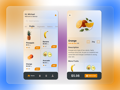 Grocery App - Belonjo blur cards clean ecommerce food food and drink food app fruit glassmorphism gradient groceries grocery grocery app grocery store mobile noise ui ux