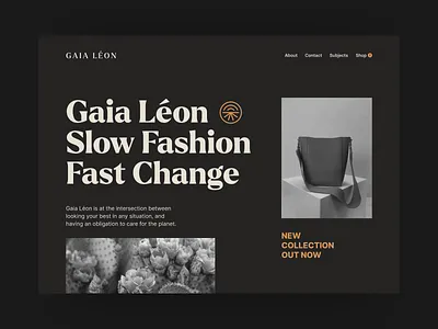 Gaia Léon – Sustainable Fashion Landing Page branding dark dark ui fashion fashion bags grid landing page leather bag logo sustainability sustainable sustainable fashion swiss design typography ui ux vegan fashion vegan leather web design website