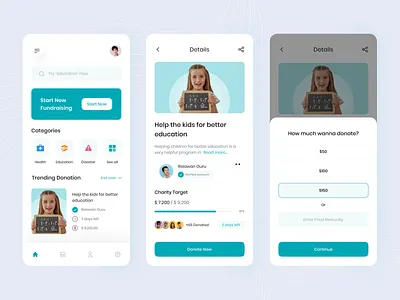 Donation App Exploration 🔥 app charity clean design donate donation education foundation fundraising minimal mobile ui ux