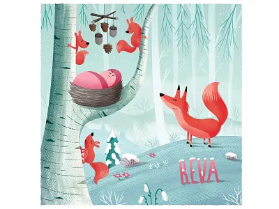 ✽ Baby card: Reva ✽ baby birth announcement fox illustration snow