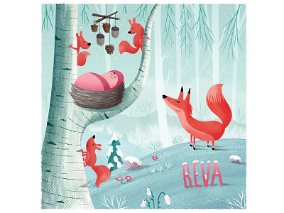 ✽ Baby card: Reva ✽ baby birth announcement fox illustration snow