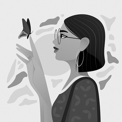Contemplation butterfly contemplation flat illustration monotone nature peace style texture vector website illustration woman wonder