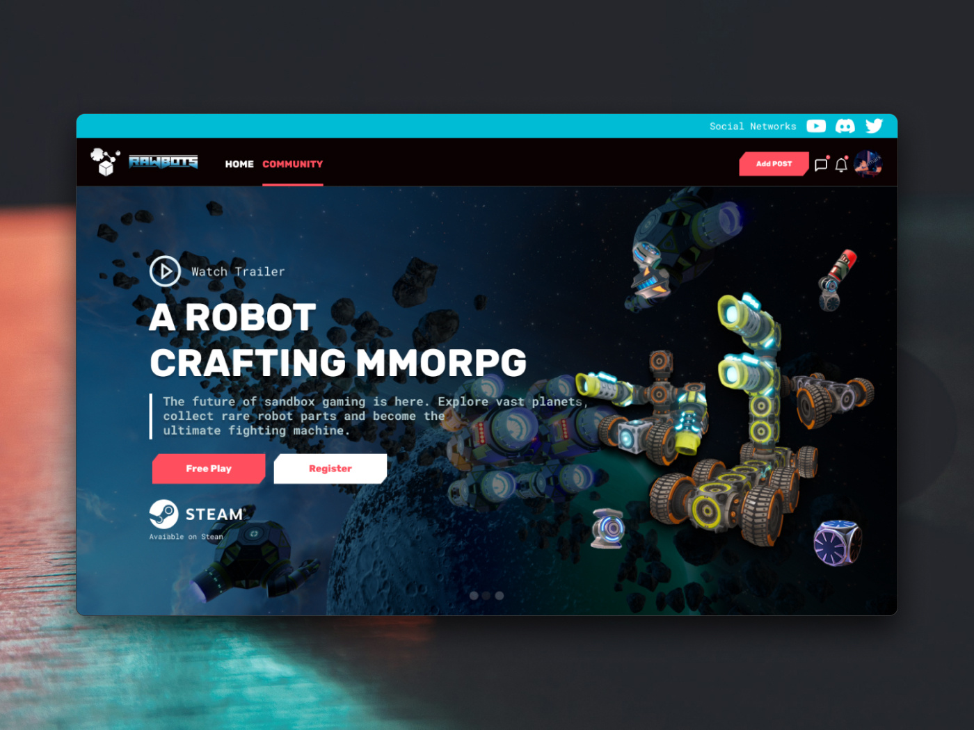 Rawbots A Robot Crafting MMORPG Game Website Community Design app branding community figma game gamming graphic design mmorpg rawbots robots ui design userexperiance userinterface ux design website
