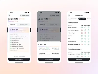 More Than a Digital Business Card. V1CE Mobile App Design. NFC branding business compare all plans digital business card ios mobile app mobile app design mobile design networks nfc business cards plans product design share info share your info tariff plans ui upgrade user friendly user interface v1ce