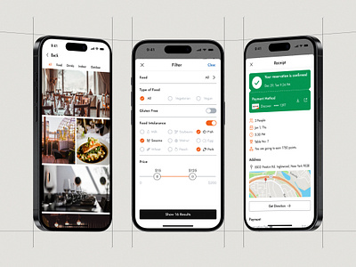 Restaurant Reservation App, Mockup app design booking app case study daily ui dark mode dark theme filter google ux menu mobile app mockup portfolio reservation restaurant restaurant app ui ui challange user experience user interface ux