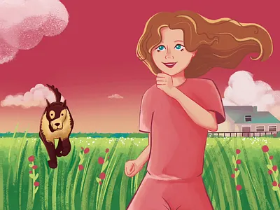 Cute girl with a dog in 2D animation 2d 2d animation animation creative cute dog dog flowers frame by frame animation grass illustration lawn motion nature running stop motion sunset sweet girl the dog is running the girl is running village