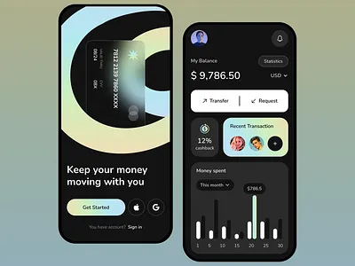 Mobile Banking App account balance app banking app credit card dark theme expense tracking finance app financial management fintech mobile banking mobile ui money transfer online payment request spending transactions transfer funds ui design user interface ux design