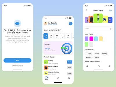 Habit Tracking App by Stormit app design cheerful design colorful design creativity daily streaks flashcards habit creating habit tracking healthy life lifestyle app onboarding screens playful interface simple layout sports strength training user experience walking water tracking white mode
