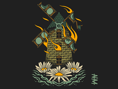 Windmill color fire floral flowers frankenstein illustration monster tattoo windmill