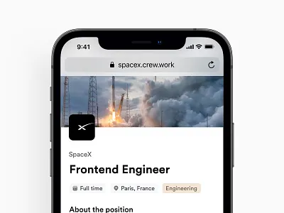 Crew.work — Career page & Job description (mobile) application career page careers company job job application job board minimalism minimalist opportunities product design