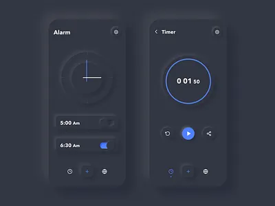 Alarm app UI concept - Neumorhism alarm app app dark theme design neumorphic neumorphism ui uidesign