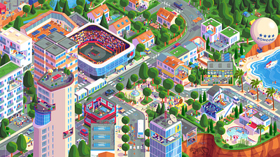 Pongori city illustration isometric isometry ping pong sport tennis table town