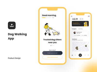 Dog Walking App product design app branding dog dog walk illustration product design ui uiux yellow