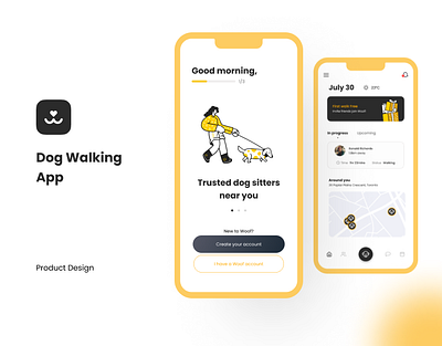 Dog Walking App product design app branding dog dog walk illustration product design ui uiux yellow