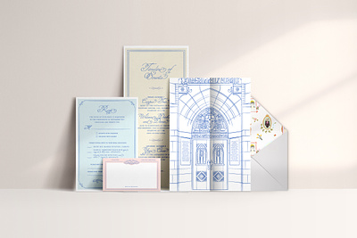 Wes Anderson inspired wedding invitations illustration invitation notre dame pattern wedding invite whimsical design