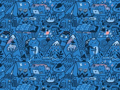 Camping cats seamless pattern art camp cartoon cats character cute drawing fabric hike illustration kostolom3000 pattern procreate seamless surface textile tile