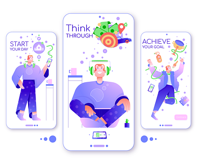 Visualization app illustrations achieve achievement briefcase character design dollar financial geometrical goal gradient headphones illustration location man meditation money phone ui vector visualization