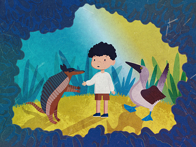 Adventure story 2d adventure armadillo art bird boy character character design child draw flat illustration story summer texture vector