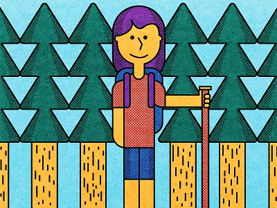 Hiking in the Woods blue color fun green hiking illustration lines minimal orange purple shapes trees vector yellow