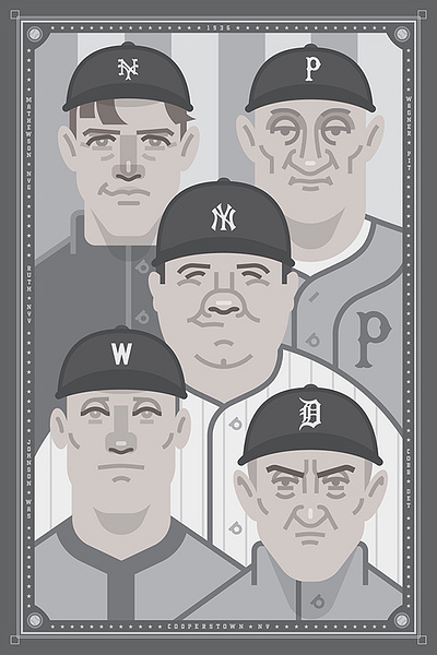 Cooperstown baseball caricature championship cooperstown design detroit famous history illustration new york pittsburgh portrait poster sports st louis