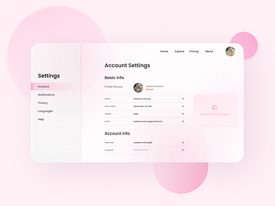 Account Settings Page Design dailyui design dribbblers glassmorphism minimal ui uidesign web design