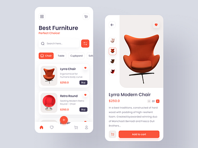 Furniture App Design cart chair app clean ui colorful design creative ecommerce app furniture app furniture store interior ios minimal online shopping popular design product design property shopping app sofa table typography ui