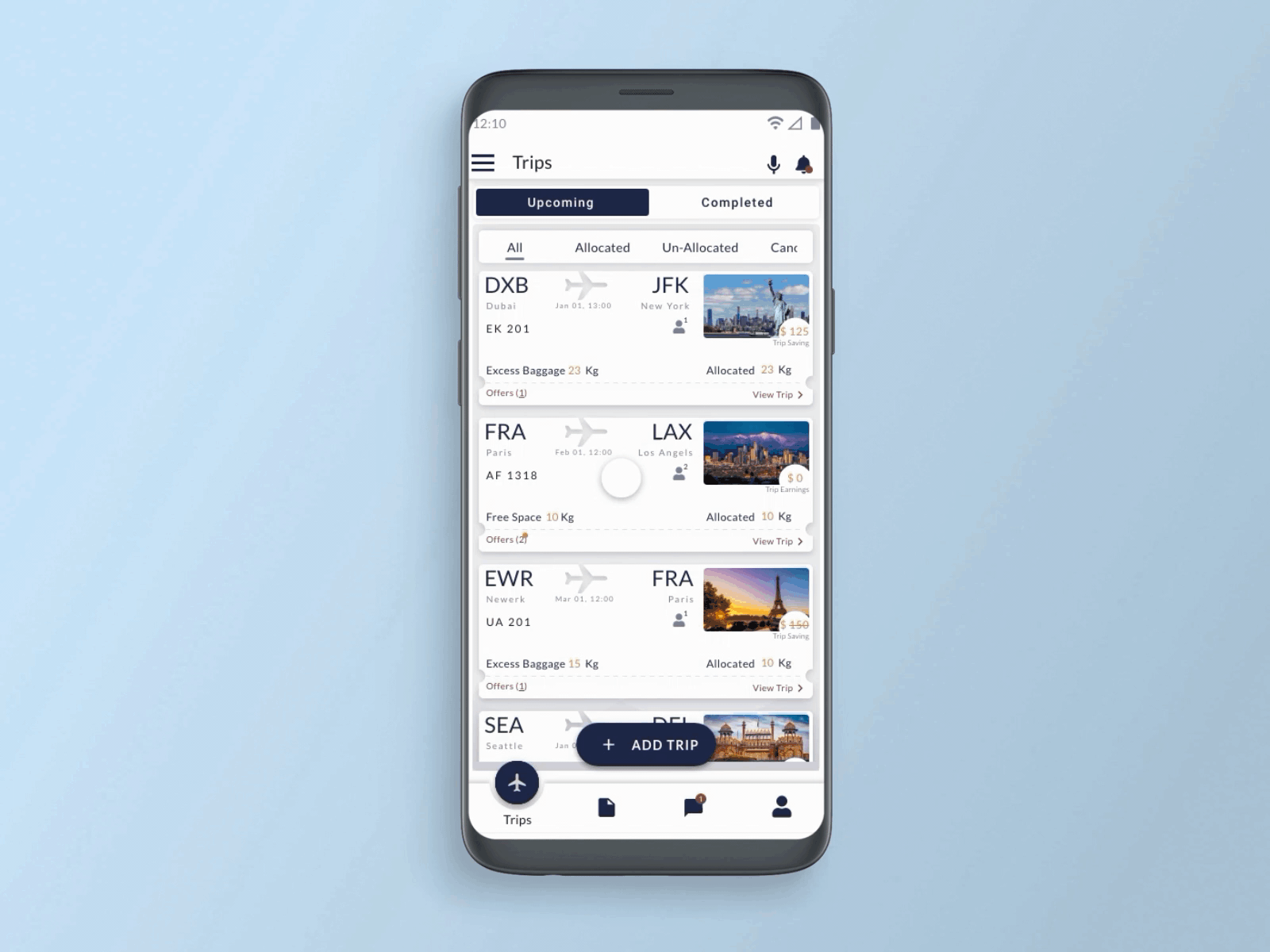 Airline Luggage Sharing App - Trip Offer airline app flight luggage ux