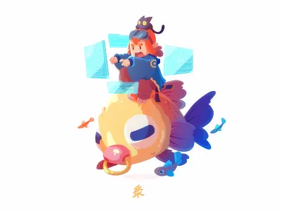 Ocean Rider boy cat character cute fish illustration ocean vector