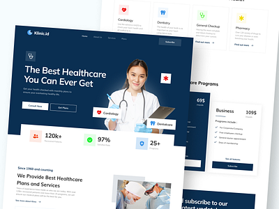 Klinic.id - Healthcare Landing Page about us design doctor feature flat footer health healthcare illustration landing page plans service subscribe ui user interface ux website