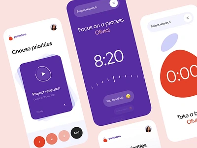 Pomodoro - Mobile App Design for Time Management animation clean interaction mobile mobile app mobile design motion graphics pomodoro pomodoro technique time management timer ui ui design ux