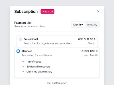 Subscription modal and payment plans badge chip component dashboard dialog dialogs discout interface modal modals payment plan plans product design subscribe subscription tab ui ux web design