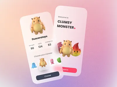 Clumsy Monster. - Game Concept | Mobile App 3d character clean design game game app game design glass illustration minimal mobile mobile app monster ui ui design ui game visual design