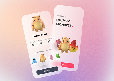 Clumsy Monster. - Game Concept | Mobile App 3d character clean design game game app game design glass illustration minimal mobile mobile app monster ui ui design ui game visual design