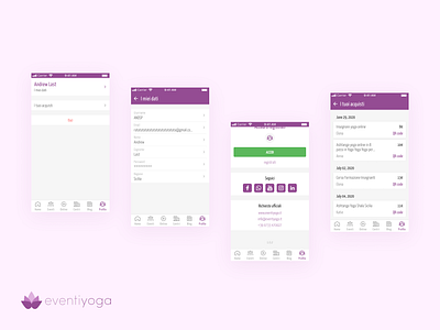 EventiYoga app cards clean contacts design italian minimalism mobile personal account pink shopping list socials ui