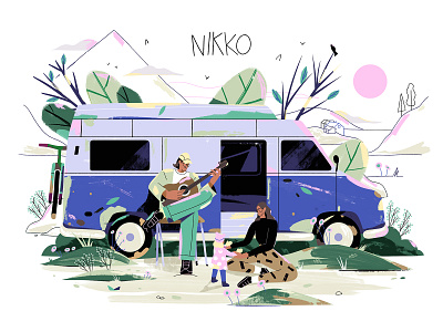 Welcome Nikko baby bike birds birthcard characterdesign clouds guitar hills houses illustration mountains music sun trees van water