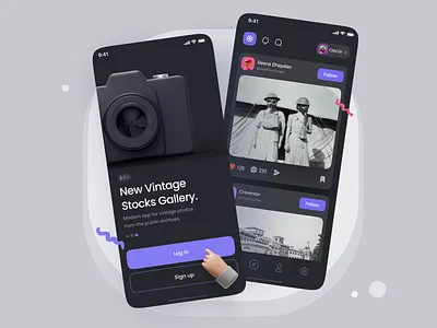 Vintage Stocks Gallery App 📸 dark theme gallery app image app mobile photo app product design stock photos ui vintage vintage app