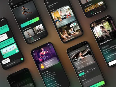 Fitness Brand Mobile App UI Design Mock app ui black dark fitness glassmorph gradient graphic design green gymming health healthy lifestyle minimal minimalistic mobile ui mockup ui ui design