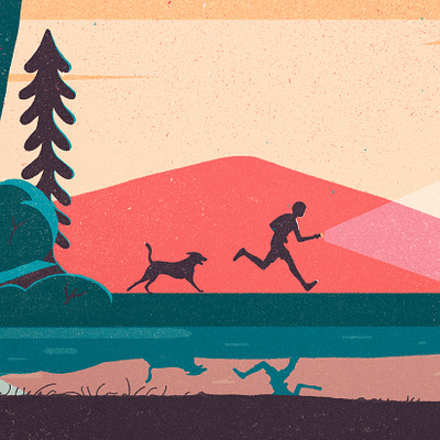 A forest (my three-legged dog edition) adventure bird bold children color palette colorful contemporary digital painting dog editorial forest fun illustration kids modern naive nature three legged woodland woods