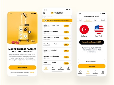 Pabbler Application Design android app design booking flight infographic ios luggage minimal mobile design onboarding pabbler search startup travel trip design ui ux uxdesign widget yellow