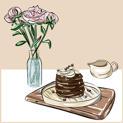 Still life of pancakes, a tray, a bouquet of flowers and a jug. delicious