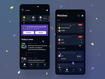 Esports app app bits black cards csgo dark dashboard esport esports game ios league legends live lol purple results stream tab bar twitch