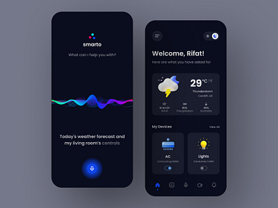 Smart Home App - Dark Mode | Smart Assistant | Voice Assistant app app design app designer assistant app home automation ios app minimal mobile mobile app remote control smart app smart assistant app smart home smart home app smart house temperature app ui voice assistant voice search weather app