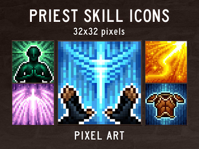 Priest Skills Pixel Art 2d 32x32 asset assets fantasy game game assets gamedev icon icone icons indie indie game magic magical pack priest psd rpg skill